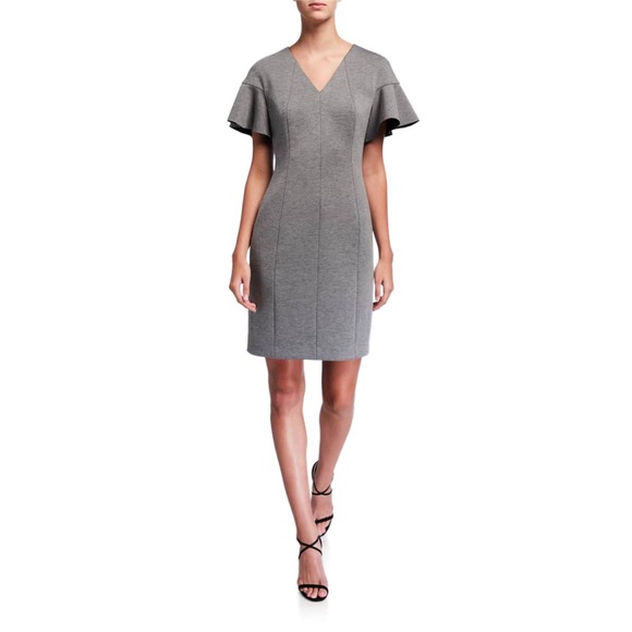 Elie Tahari gray, structured sheath dress with flutter sleeves - Picture 3 of 7